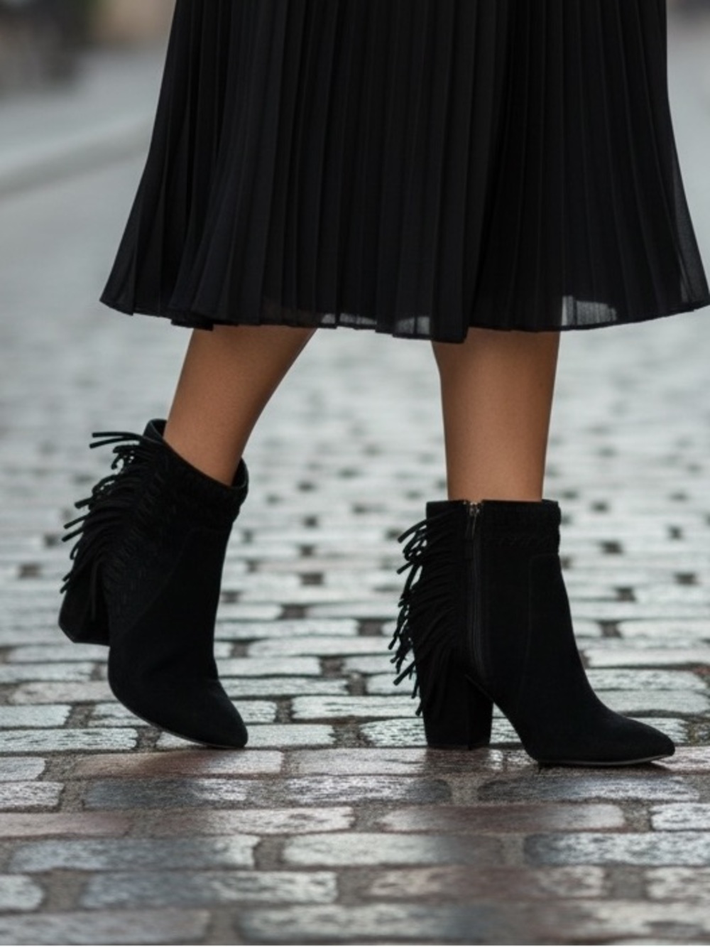 Rebecca Minkoff Black Suede Fringe Heeled Ankle Boots